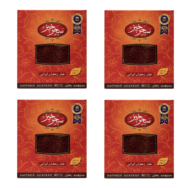 طلای سرخ سحرخیز – زعفران ممتاز ۱ مثقالی با بسته بندی اصل و با کیفیت درجه ۱ - بسته 4 تایی